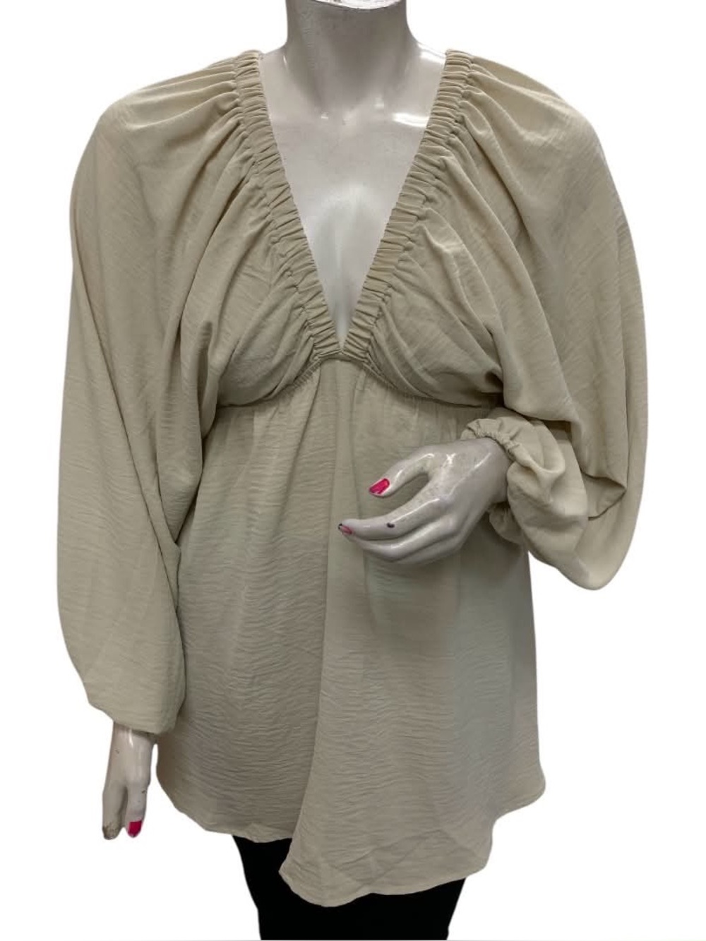 Crimmense Cream Balloon Sleeve V-Neck Blouse Size L